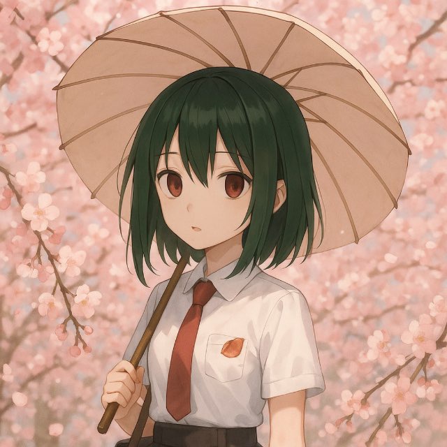 Hanako 在樱花树下撑着和伞
